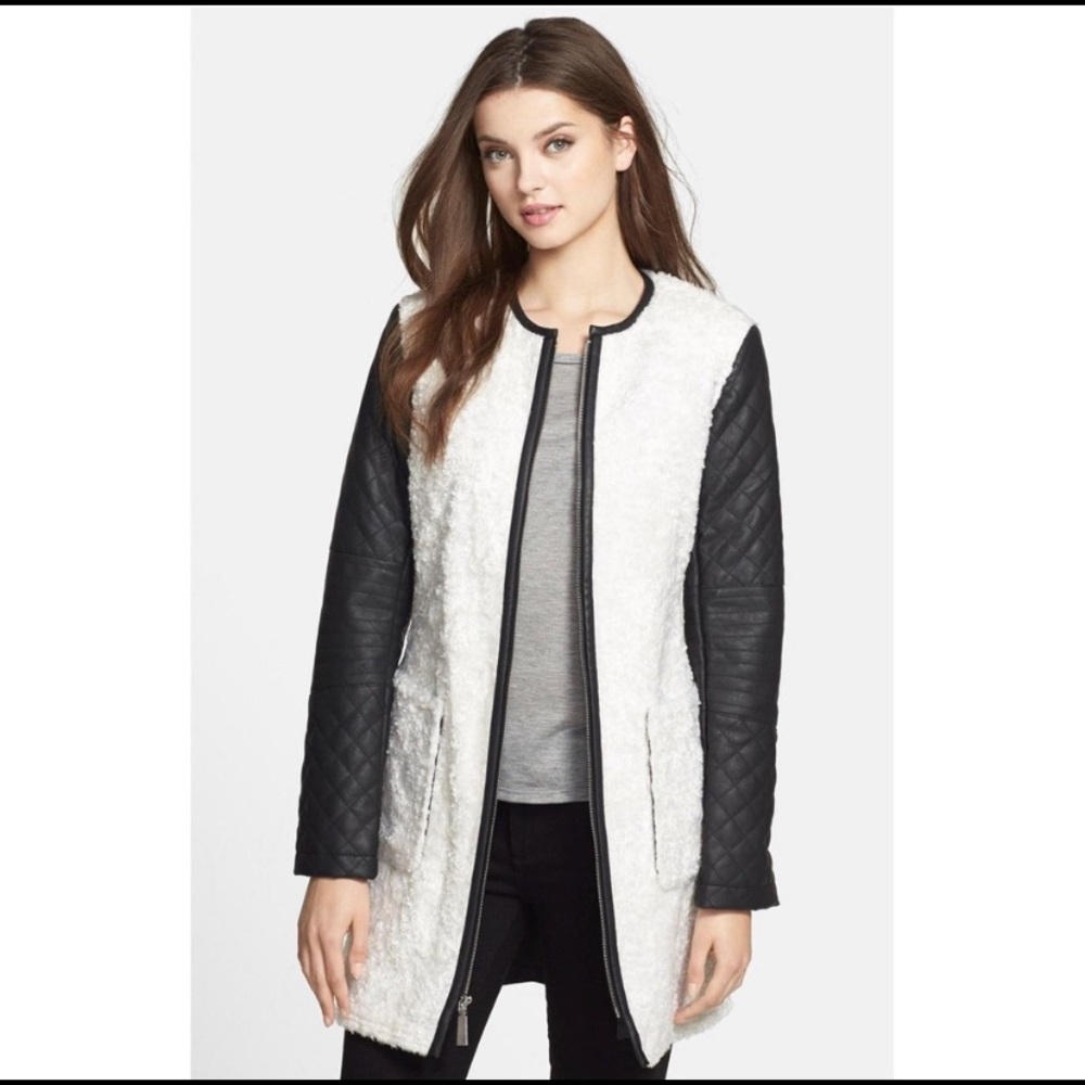 Vince Camuto Ivory Wool and Faux Leather Coat